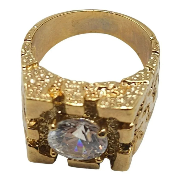 Faceted Cubic Zirconia Ring Textured Gold Tone Overlay Size 9 Vintage - Picture 2 of 5